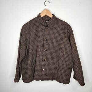 Eskandar Linen Mandarin Collar Textured Shirt Jacket Button Front Brown